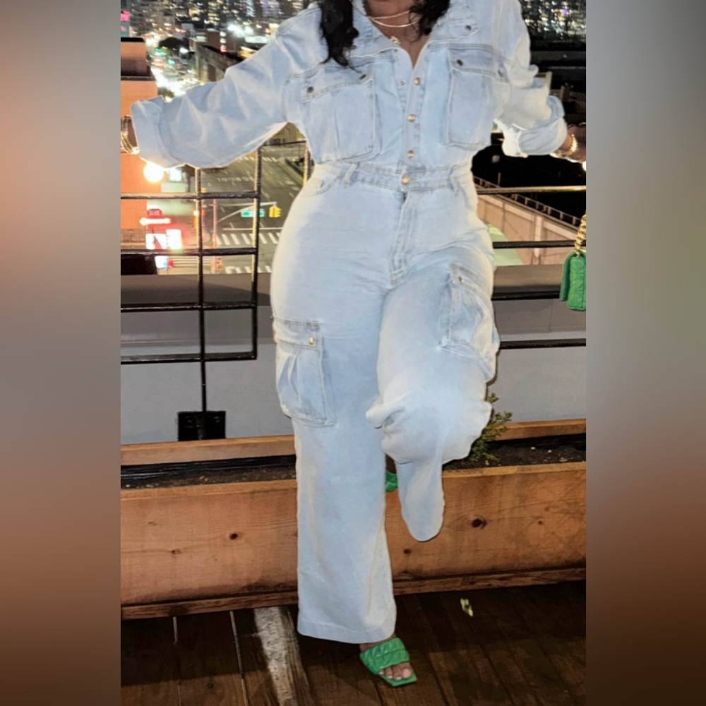 Light Blue Wash Denim Cargo Wide Leg Jumpsuit